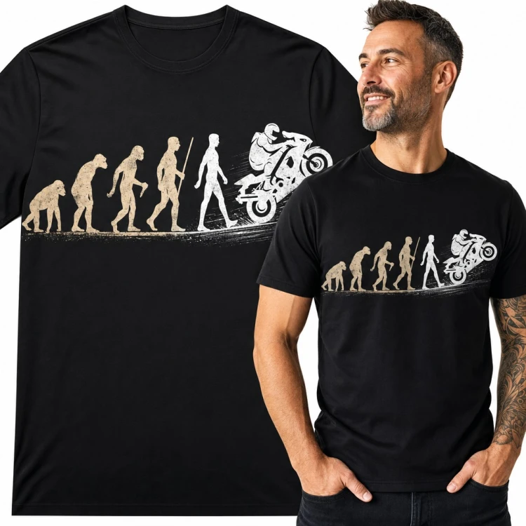 Koszulka męska ewolucja człowieka do motocyklisty na ścigaczu