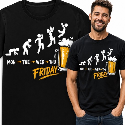 Koszulka męska „Mon → Tue → Wed → Thu Friday” - ewolucja tygodnia z kuflem piwa