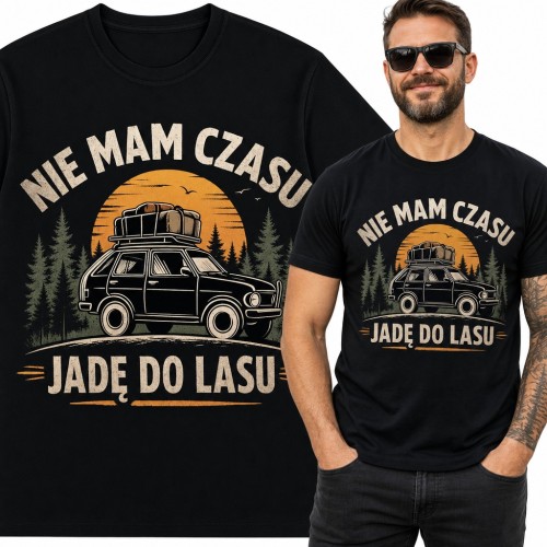 Koszulka męska „Nie mam czasu, jadę do lasu” - retro auto z bagażem na tle lasu