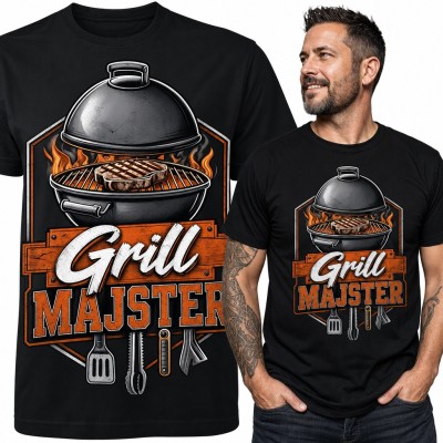 Koszulka męska „Grill majster” - grill ze stekiem i przyborami dla grillowicza