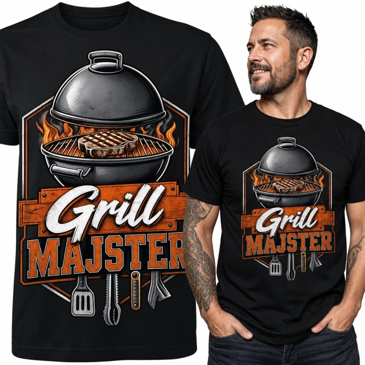 Koszulka męska „Grill majster” - grill ze stekiem i przyborami dla grillowicza