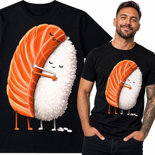 Koszulka męska z przytulającym się sushi nigiri z łososiem