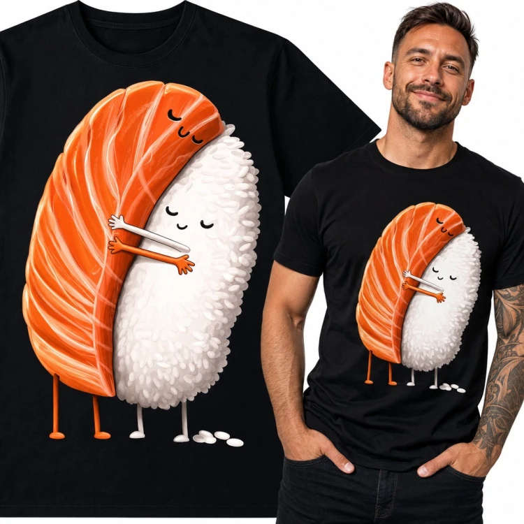 Koszulka męska z przytulającym się sushi nigiri z łososiem