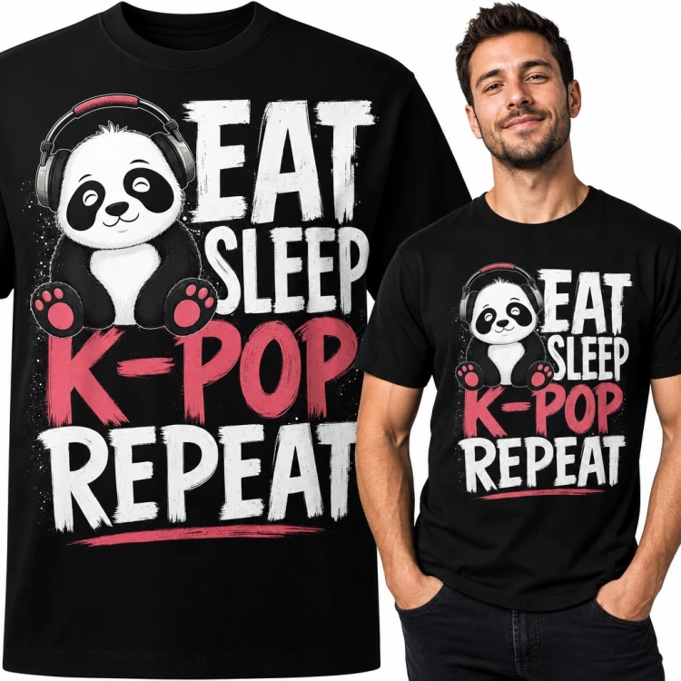 Koszulka męska „Eat Sleep K-pop Repeat” - panda w słuchawkach dla fana K-popu