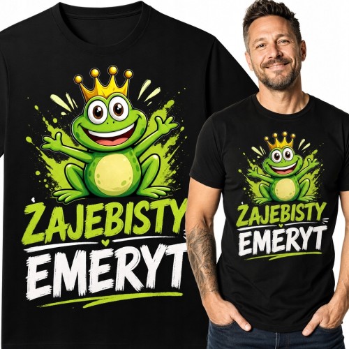 Koszulka męska z żabą w koronie „Zajebisty emeryt” - humor na emeryturę