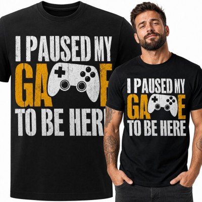 Koszulka męska gamerska „I paused my game to be here” z padem do gry