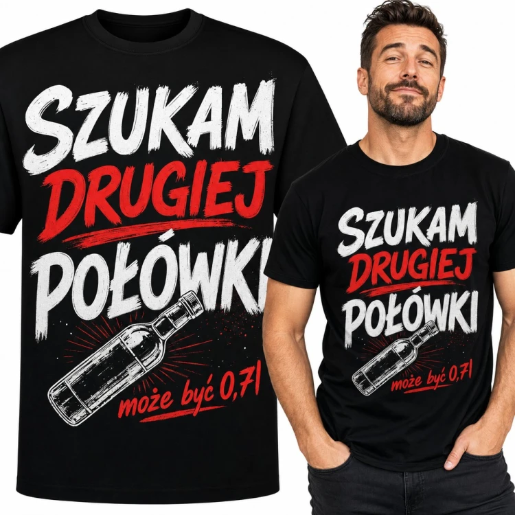 Koszulka męska „Szukam drugiej połówki” - butelka wódki 0,7 l