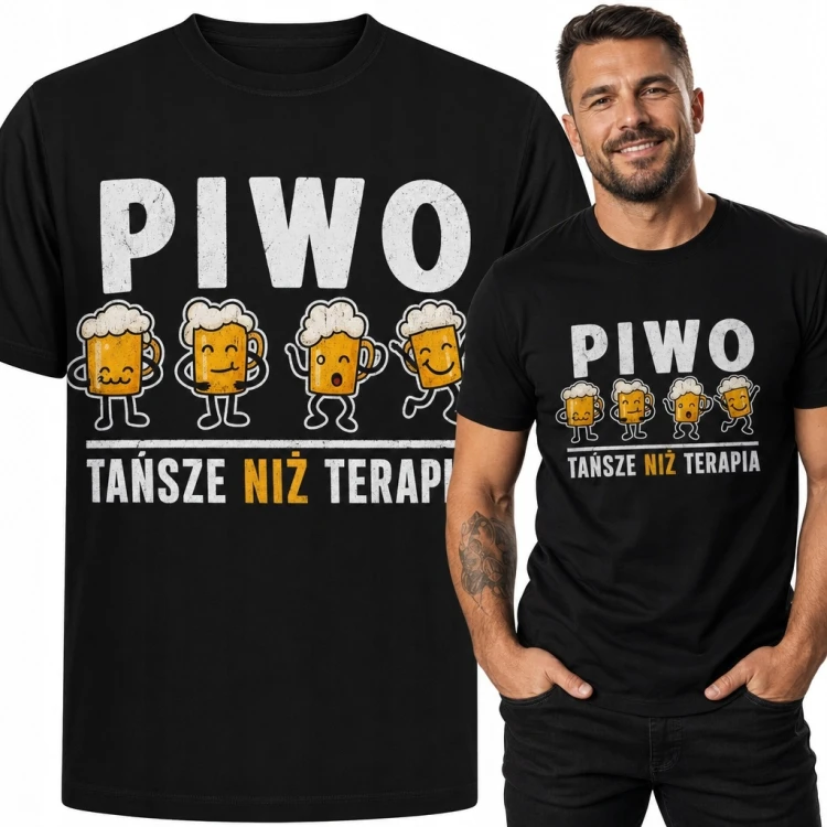 Koszulka męska z kuflami piwa „Piwo tańsze niż terapia” - humorystyczny nadruk