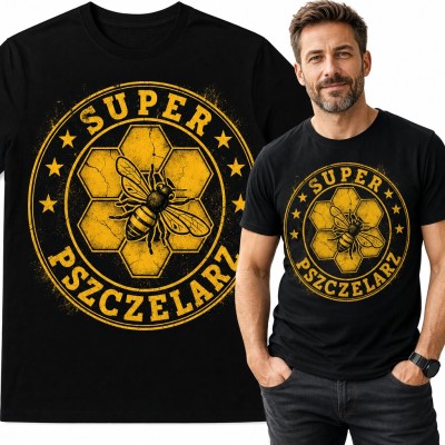 Koszulka męska „Super Pszczelarz” - pszczoła na plastrach miodu