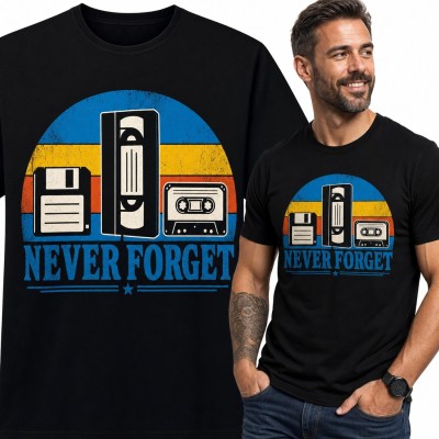 Koszulka męska „Never forget” - dyskietka, kaseta VHS i magnetofonowa w stylu retro