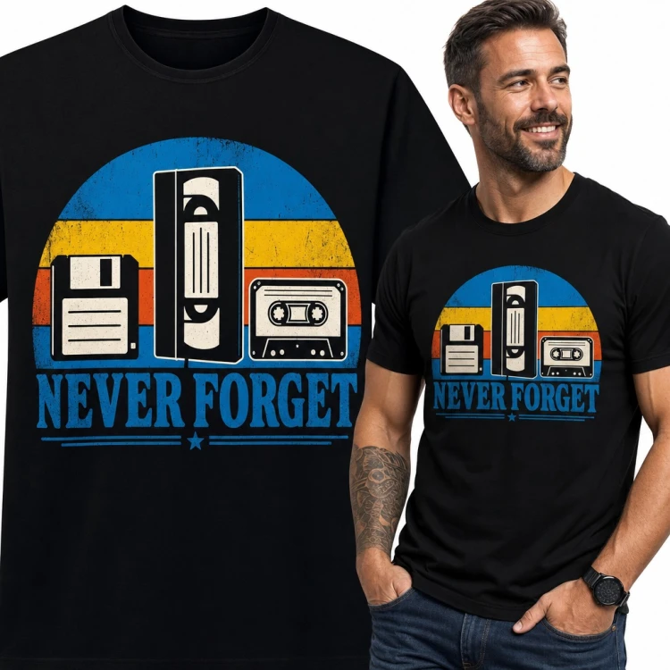 Koszulka męska „Never forget” - dyskietka, kaseta VHS i magnetofonowa w stylu retro