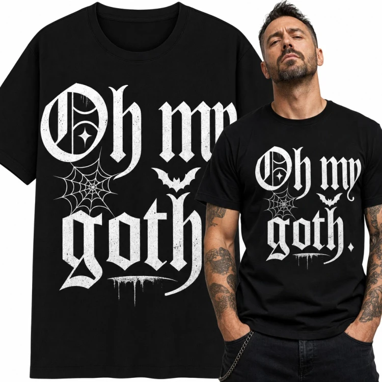 Koszulka męska „Oh my goth.” - gotycki napis z nietoperzem i pajęczyną