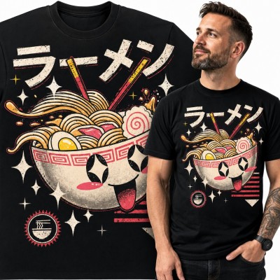 Koszulka męska z japońskim napisem „ラーメン” - wesoła miska ramenu kawaii