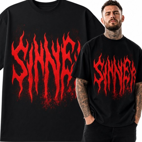 Koszulka męska „Sinner” - czerwony napis w stylu black metalowego logo