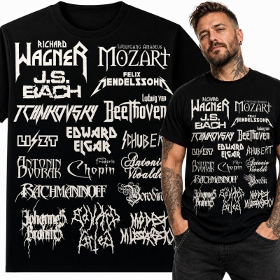 Koszulka męska kompozytorzy klasyczni w stylu metalowych logo - Mozart, Chopin, Bach