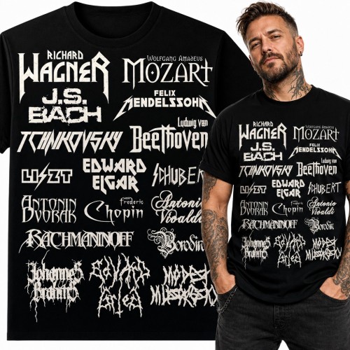 Koszulka męska kompozytorzy klasyczni w stylu metalowych logo - Mozart, Chopin, Bach
