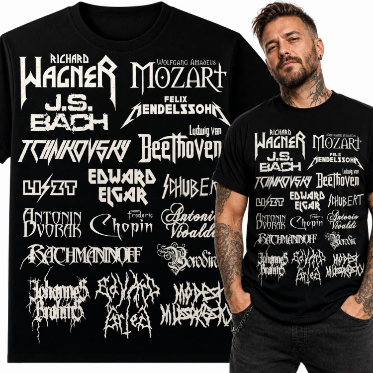 Koszulka męska kompozytorzy klasyczni w stylu metalowych logo - Mozart, Chopin, Bach