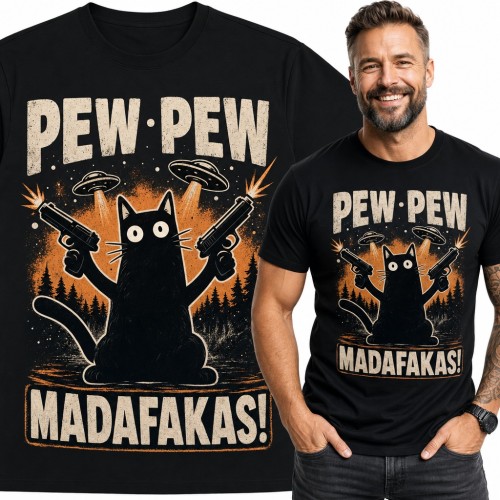 Koszulka męska „Pew Pew Madafakas!” - czarny kot z pistoletami i UFO