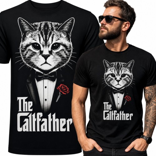 Koszulka męska „The Catfather” - kot w smokingu z różą jak Ojciec Chrzestny