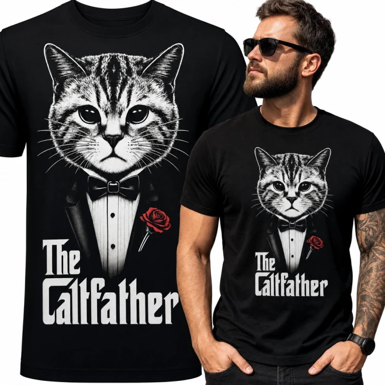 Koszulka męska „The Catfather” - kot w smokingu z różą jak Ojciec Chrzestny