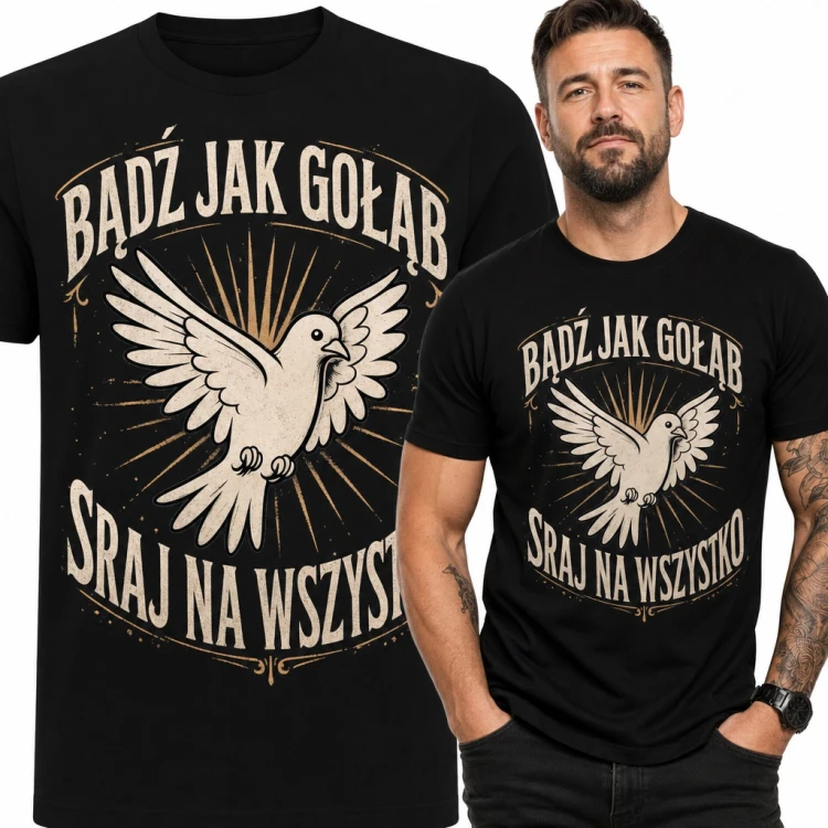 Koszulka męska z gołębiem i napisem „Bądź jak gołąb, sraj na wszystko”