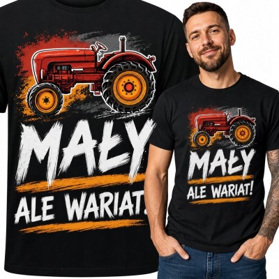 Koszulka męska z czerwonym ciągnikiem „Mały, ale wariat!” - dla rolnika