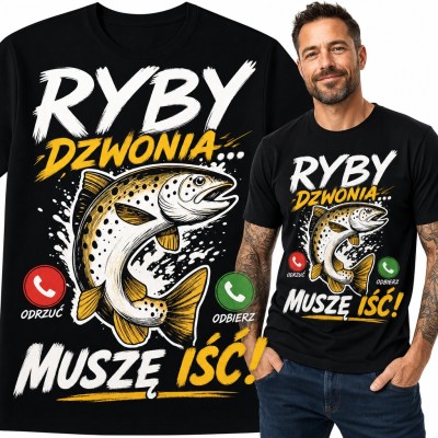 Koszulka męska dla wędkarza „Ryby dzwonią... muszę iść!” z pstrągiem