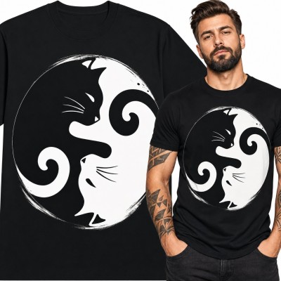 Koszulka męska z kotami yin yang - czarny i biały kot w kręgu