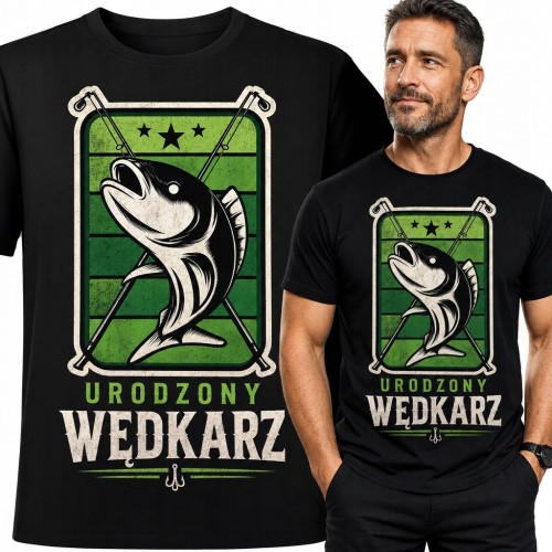 Koszulka męska dla wędkarza „Urodzony wędkarz” - retro emblemat z rybą