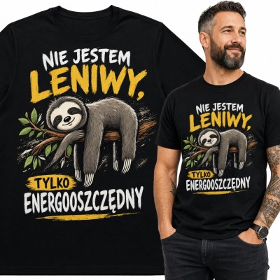 Koszulka męska z leniwcem na gałęzi - „Nie jestem leniwy, tylko energooszczędny”
