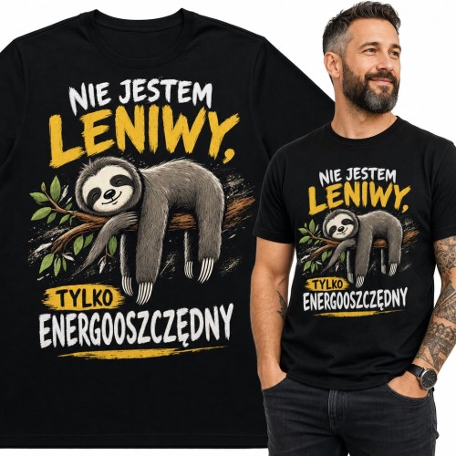 Koszulka męska z leniwcem na gałęzi - „Nie jestem leniwy, tylko energooszczędny”