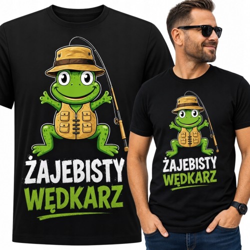 Koszulka męska dla wędkarza z żabą „Zajebisty wędkarz” - humorystyczny nadruk