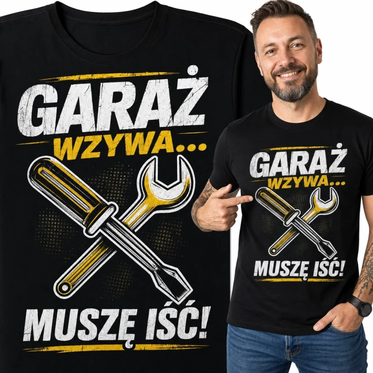 Koszulka męska „Garaż wzywa... muszę iść!” - klucz i śrubokręt dla majsterkowicza