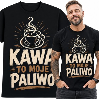 Koszulka męska „Kawa to moje paliwo” - filiżanka z parą dla kawosza
