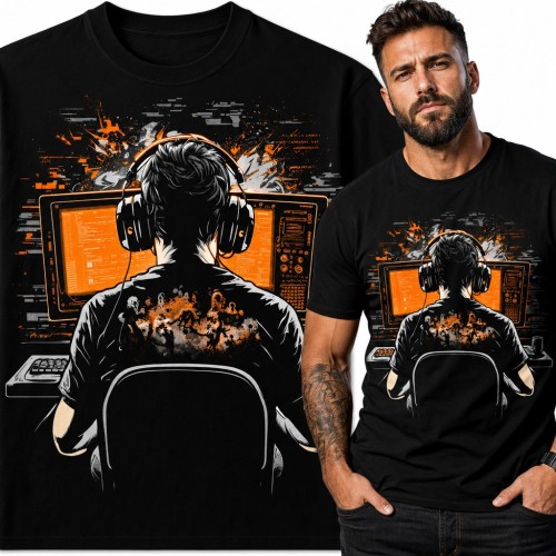 Koszulka męska gamer w słuchawkach przed monitorami - pomarańczowy glitch
