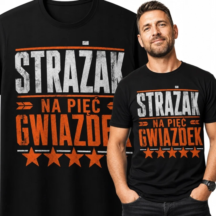 Koszulka męska dla strażaka „Strażak na pięć gwiazdek” - postarzany nadruk