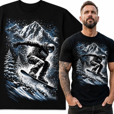 Koszulka męska snowboardzista w skoku na tle ośnieżonych gór