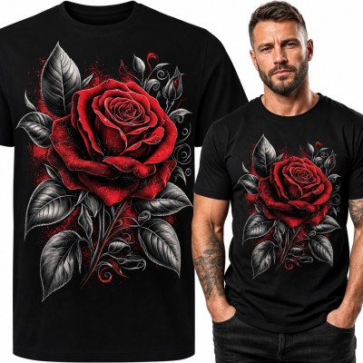 Koszulka męska z czerwoną różą i srebrnymi liśćmi w stylu tattoo
