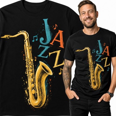 Koszulka męska „Jazz” ze złotym saksofonem i nutami - dla saksofonisty