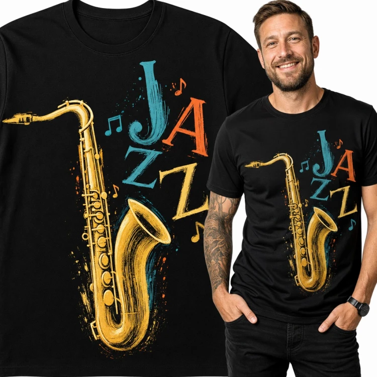 Koszulka męska „Jazz” ze złotym saksofonem i nutami - dla saksofonisty