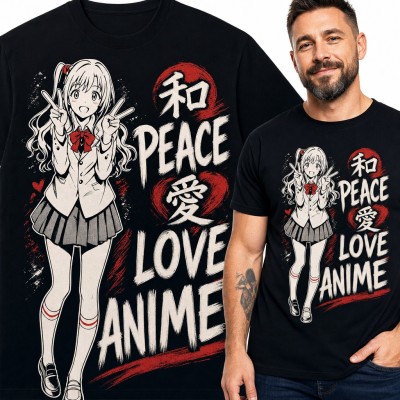 Koszulka męska „Peace Love Anime” - dziewczyna w mundurku z gestem peace dla fana mangi