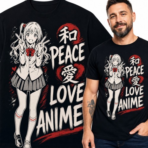 Koszulka męska „Peace Love Anime” - dziewczyna w mundurku z gestem peace dla fana mangi