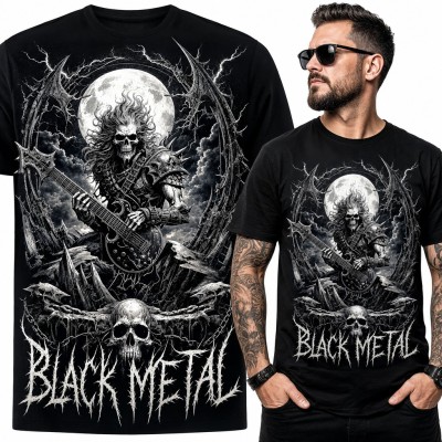 Koszulka męska „Black Metal” - szkielet z gitarą przy pełni księżyca