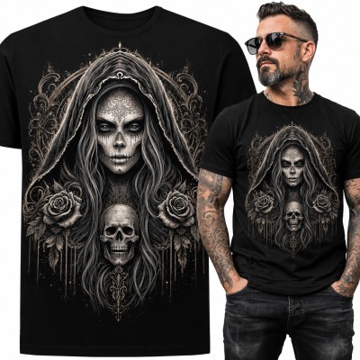 Koszulka męska Santa Muerte w kapturze z czaszką i różami