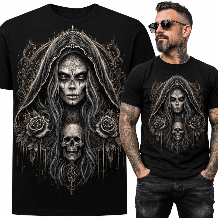 Koszulka męska Santa Muerte w kapturze z czaszką i różami