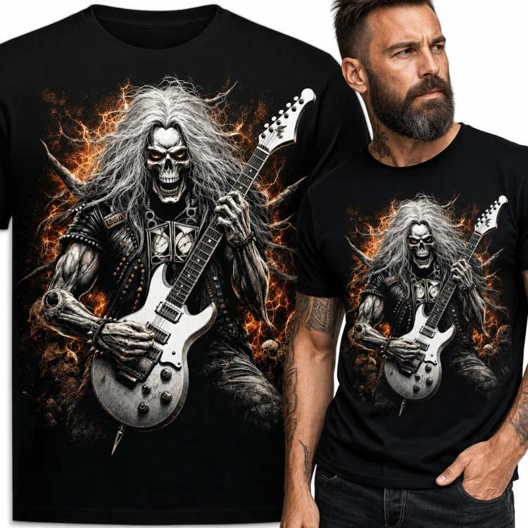 Koszulka męska szkielet z gitarą elektryczną - rock i metal dla gitarzysty