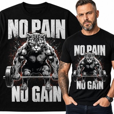 Koszulka męska „No Pain No Gain” - umięśniony kot ze sztangą na siłownię