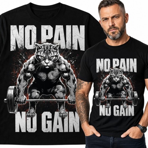 Koszulka męska „No Pain No Gain” - umięśniony kot ze sztangą na siłownię