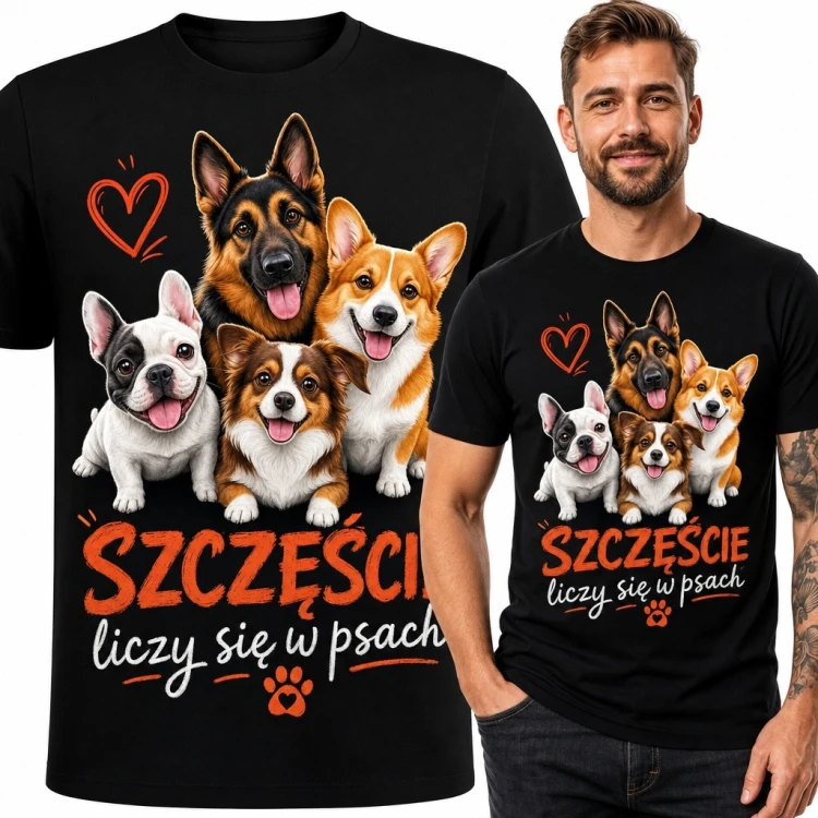 Koszulka męska z psami „Szczęście liczy się w psach”