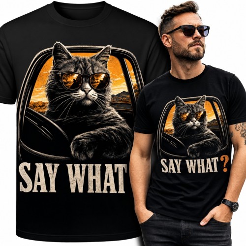 Koszulka męska z kotem w okularach za kierownicą „Say what?”